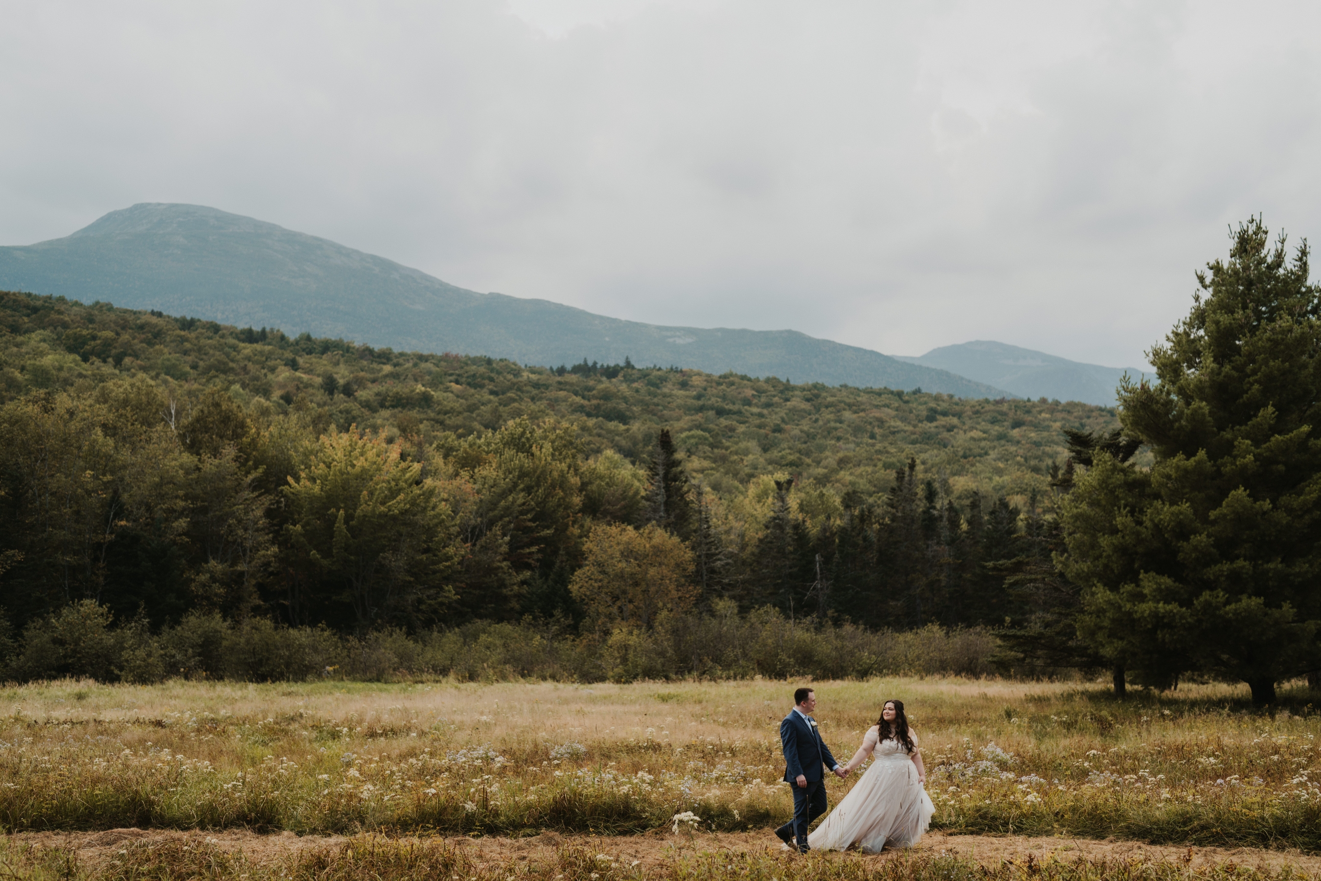 Newlyweds walking through a clearing in the woods with mountains in the background